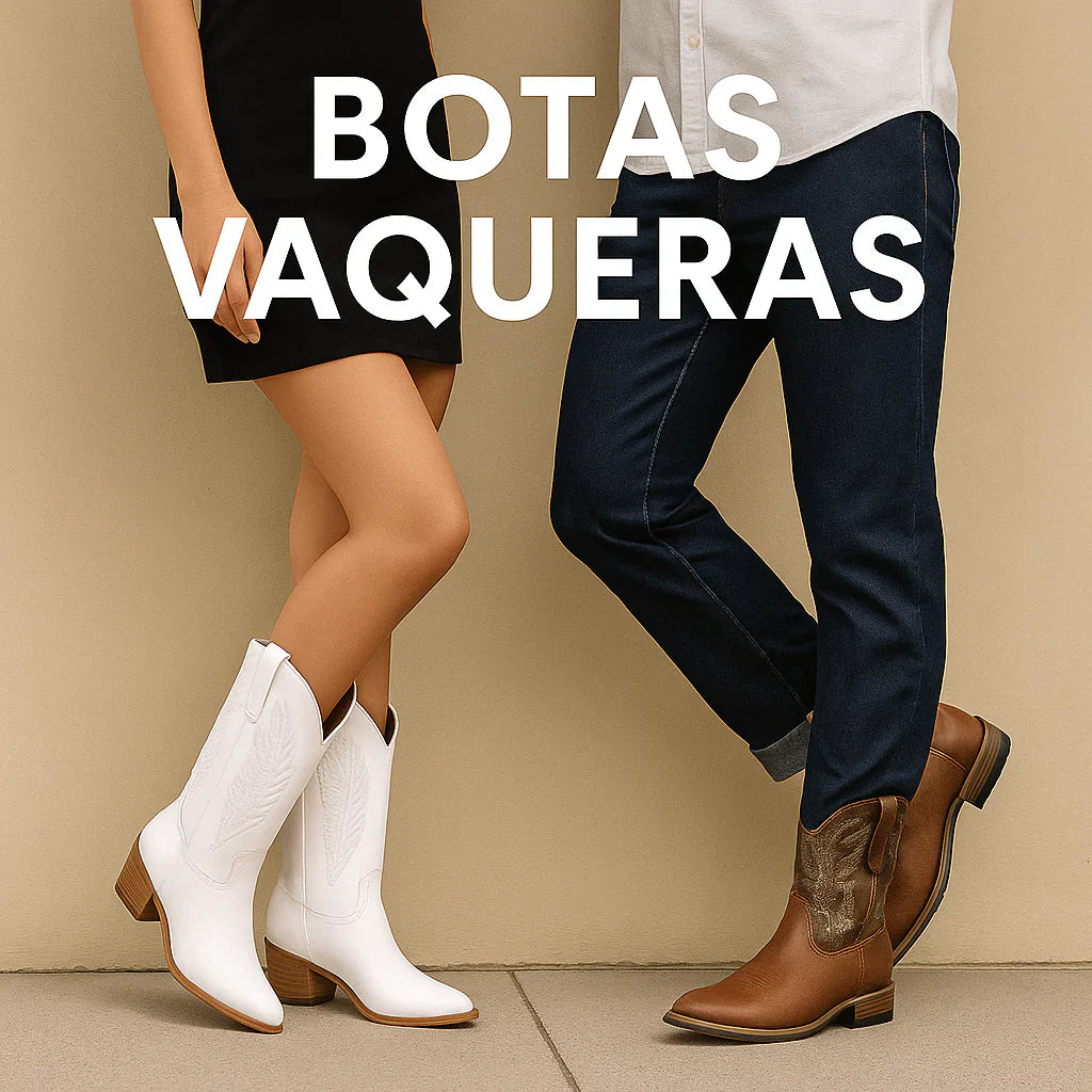 Hombre con botas vaqueras marrón de cuero y mujer con botas vaqueras blancas bordadas, posando juntos en estilo moderno, colección Botas Vaqueras unisex