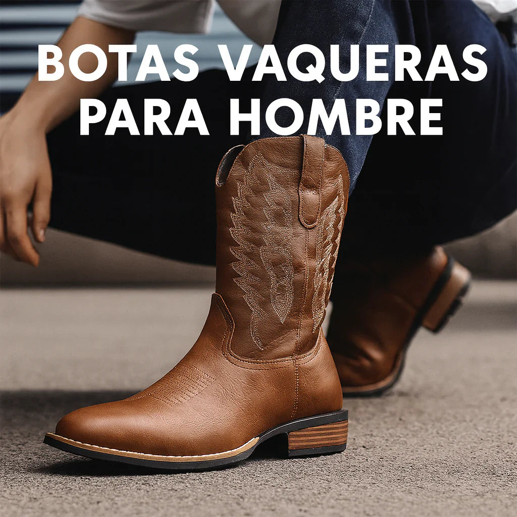 Hombre usando botas vaqueras marrón de cuero con bordados artesanales, estilo auténtico y resistente, colección Botas Vaqueras para Hombre