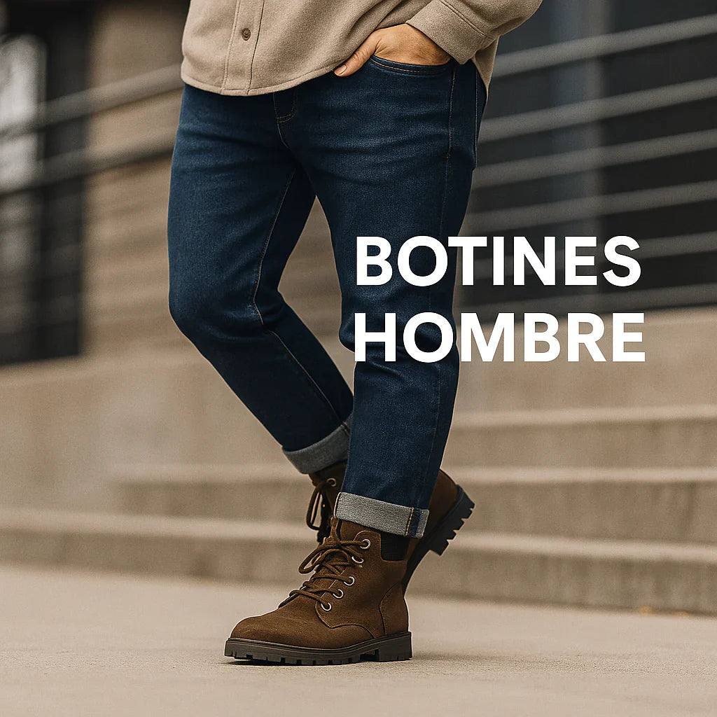 Hombre joven con botines marrón de cuero estilo casual, caminando en entorno urbano moderno con jeans ajustados, colección Botines Hombre