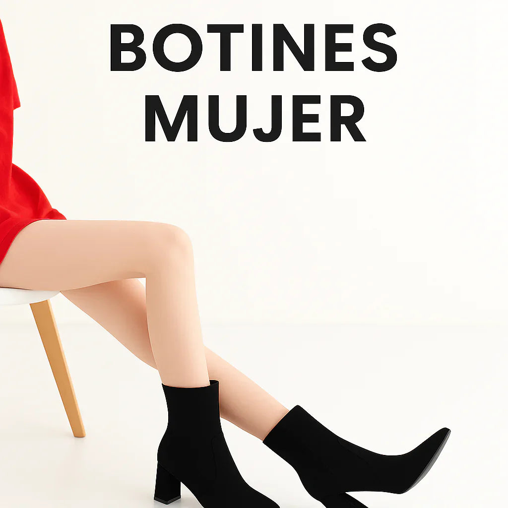 Mujer con botines negros de tacón cuadrado y vestido rojo elegante, posando en entorno minimalista moderno, colección Botines Mujer