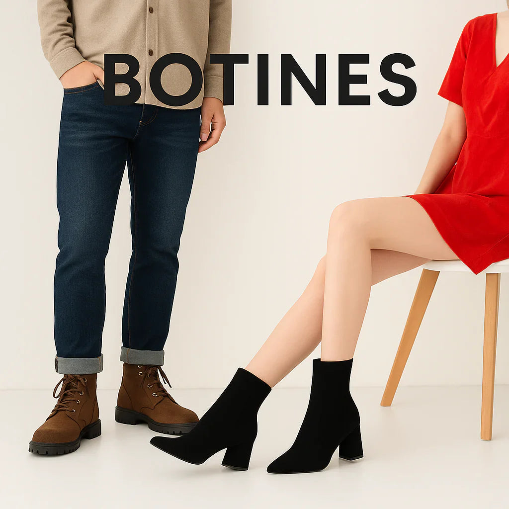 Hombre con botines marrón de cuero y mujer con botines negros de tacón, posando juntos en estilo moderno para colección de botines unisex