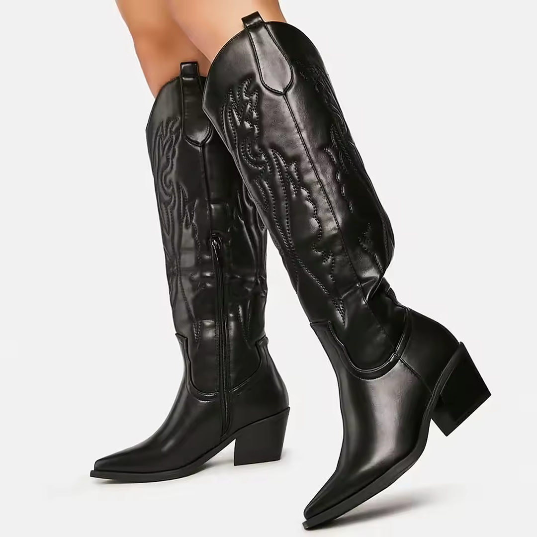 Botas vaqueras altas mujer Belleza Brava negras con punta fina y bordados clásicos