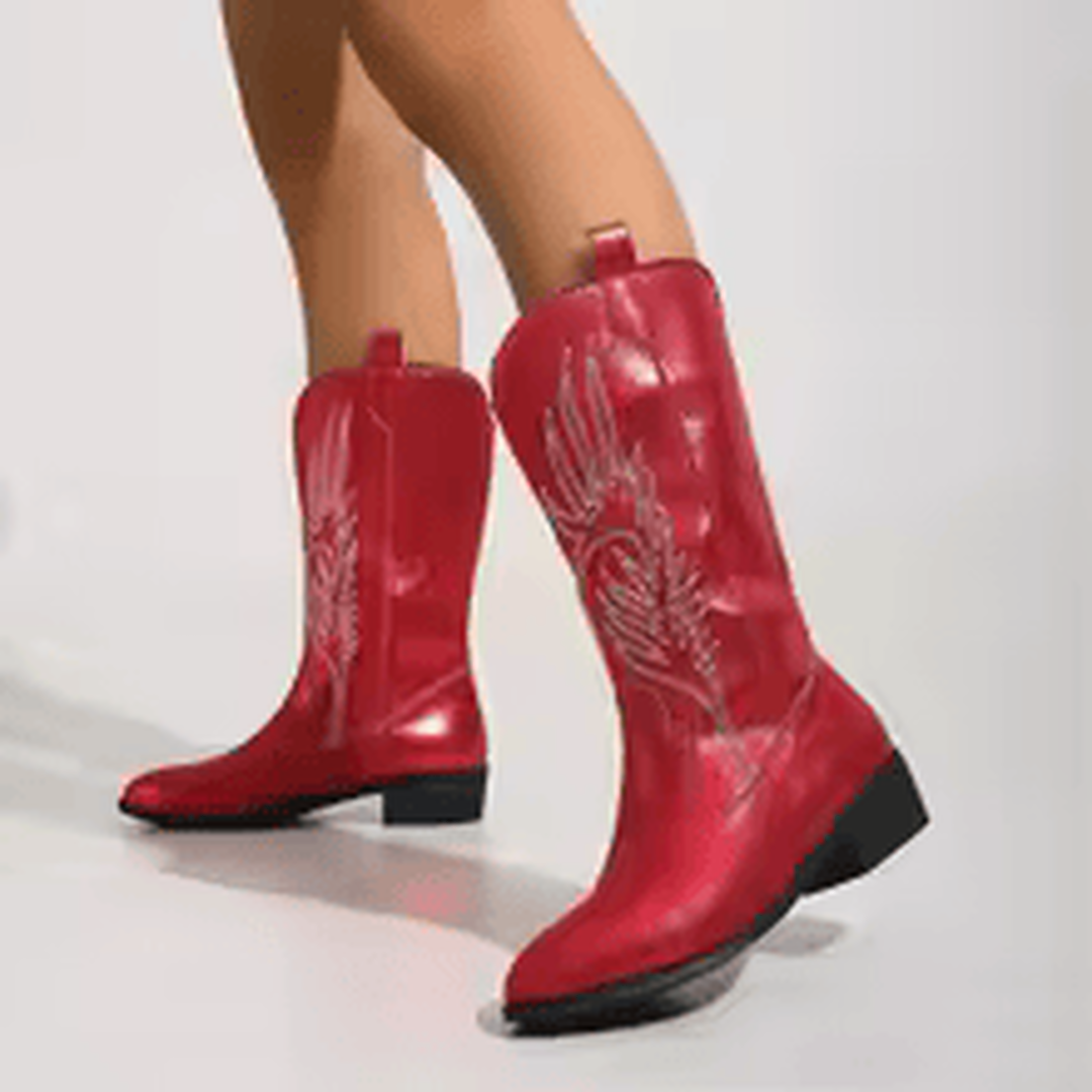 Botas vaqueras mujer Conquista del Desierto color rojo brillante de caña media con bordado western