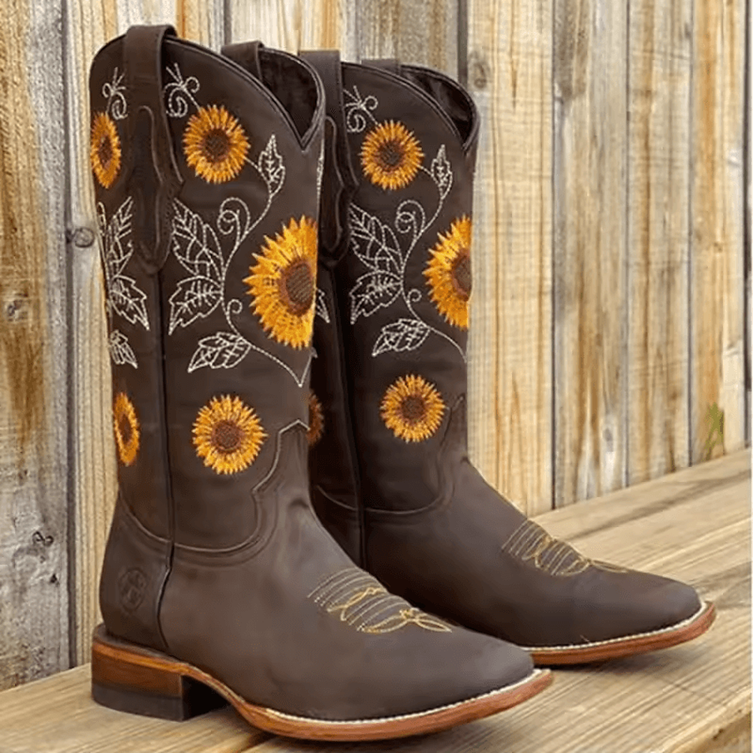 Botas vaqueras mujer Diseño Exclusivo color marrón oscuro con bordado floral de girasoles brillantes