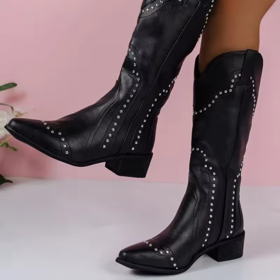 Botas vaqueras mujer Elegancia Ranchera negras largas con punta fina y adornos metálicos modernos