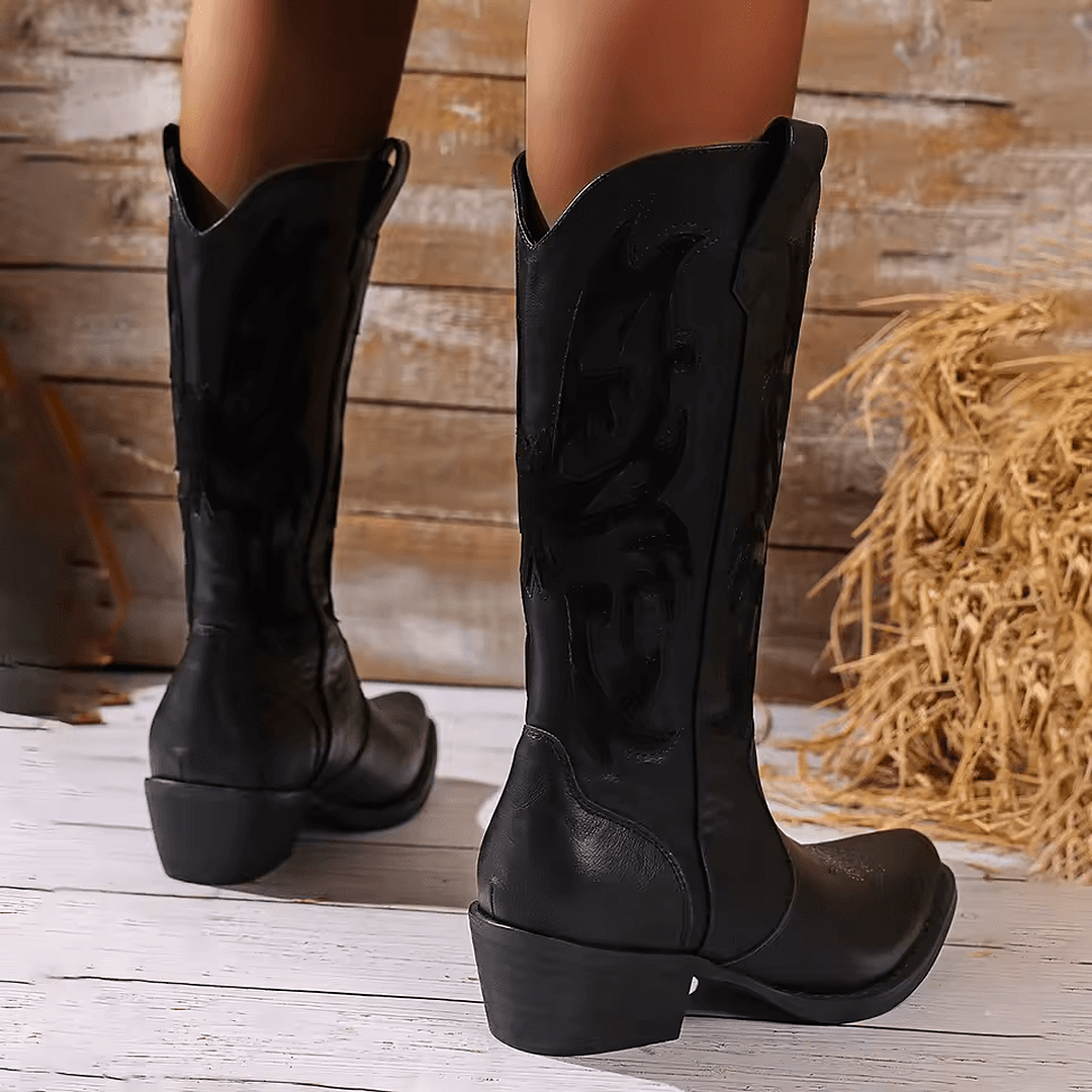 Botas vaqueras mujer Espíritu Vaquero negras con bordado en caña alta y tacón cuadrado