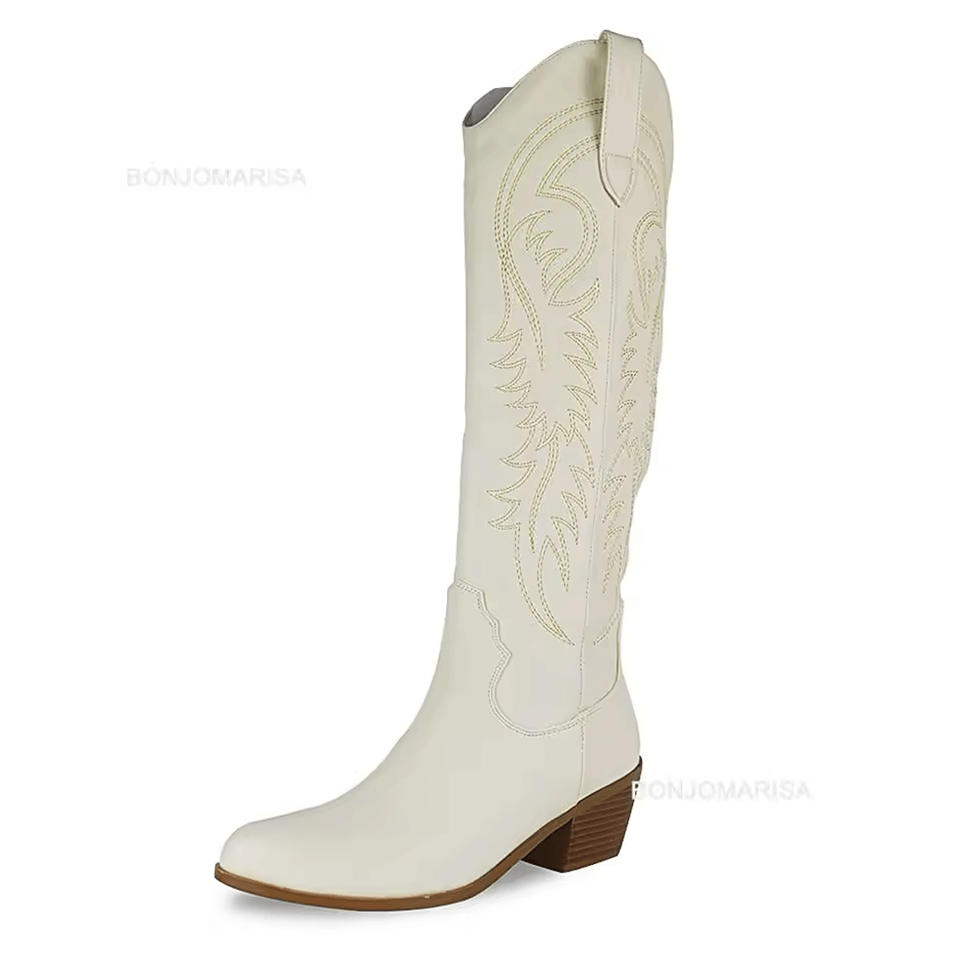 Botas vaqueras mujer Moda Mexicana blancas con diseño bordado en caña alta