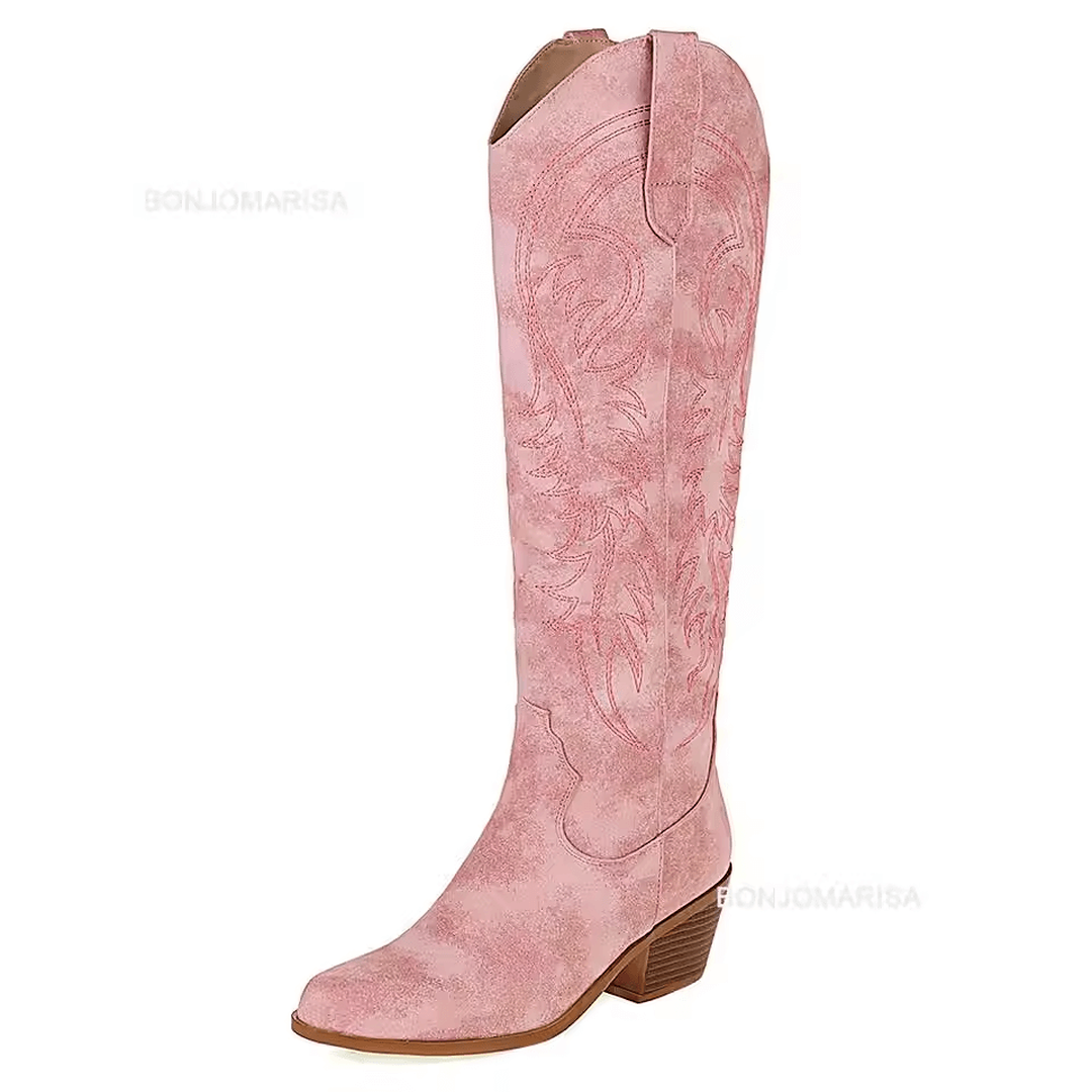 Botas vaqueras mujer Moda Mexicana color rosa con bordado floral y tacón bajo