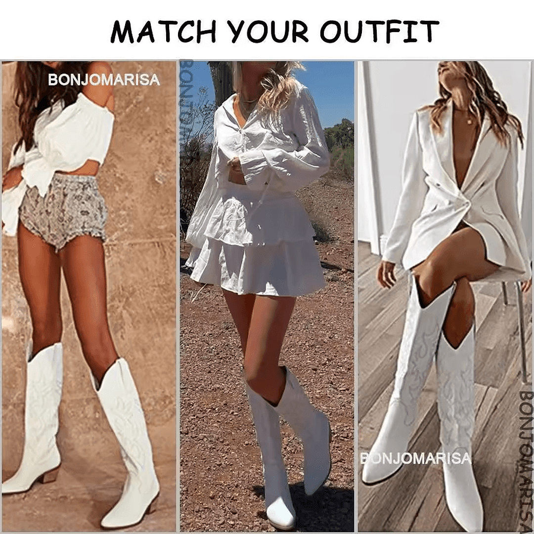 Botas vaqueras mujer Moda Mexicana blancas combinadas con diferentes outfits femeninos