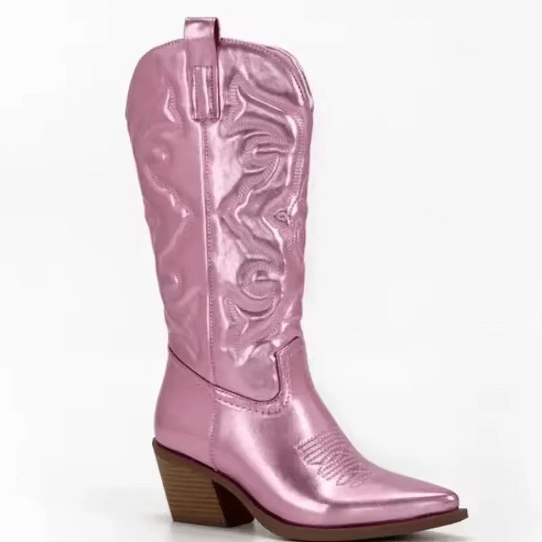 Botas vaqueras mujer Tradición Mexicana color rosa metálico con tacón medio y bordado clásico