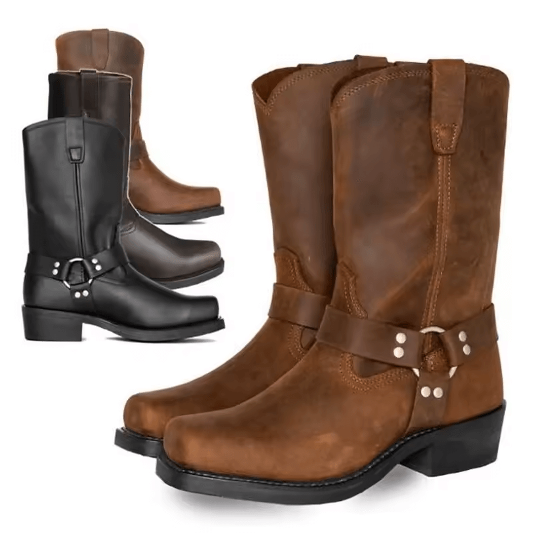 Botas vaqueras hombre El Desierto disponibles en marrón, marrón oscuro y negro con diseño biker clásico