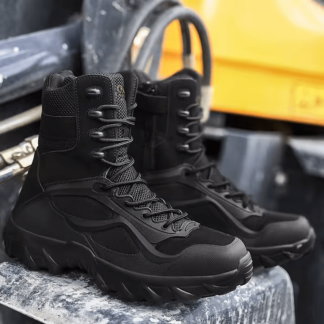 Botines negros Línea de Combate para hombre en ambiente industrial con diseño robusto
