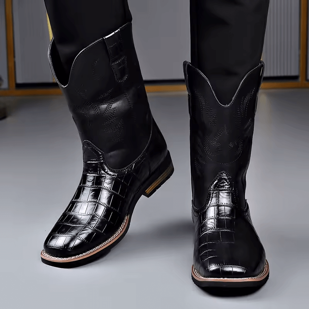 Botas vaqueras hombre Lazo Firme negras de cuero con textura exótica y punta cuadrada